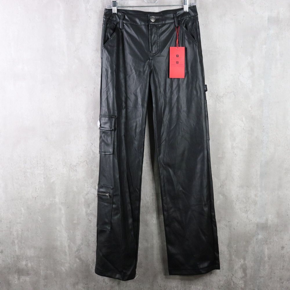Hot Kiss Cargo Pants Women Size 9 Black Mid Rise Black‎ Faux Leather Y2K NWT